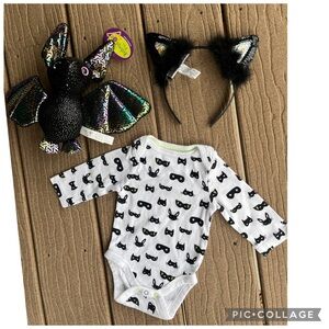 Baby Halloween Cat Outfit 0-3M Onesie Cat Ears Bat Plush Bundle